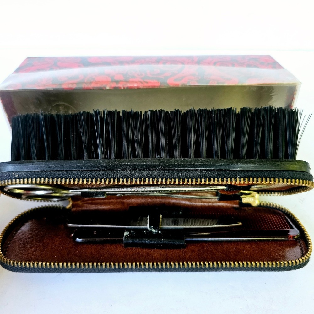 Vintage Leather Travel Grooming Kit Clothes Brush Set England Tools Dapper Gift